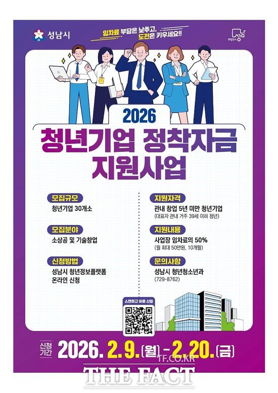 성남시 청년기업 정착자금 지원사업 안내문. /성남시