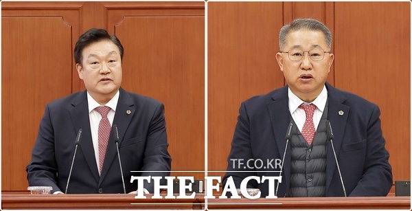 대전시의회 송인석 의원(국민의힘, 동구 1, 사진 왼쪽)과 이한영 의원(국민의힘, 서구 6, 사진 오른쪽)이 9일 열린 제293회 임시회 제1차 본회의에서 대전·충남 행정통합과 관련 졸속 추진을 강력히 비난하고 있다. /대전시의회