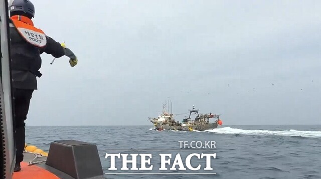 여수해양경찰서 경찰관이 연안 해역에서 저인망 어선 특별단속 검문검색을 위해 정선명령을 하고 있다. /여수해양경찰서