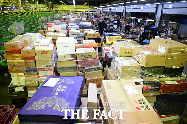 이른 새벽부터 시작된 택배 분류 작업에서 작업자들이 외투를 벗은 채 업무에 집중하고 있다.