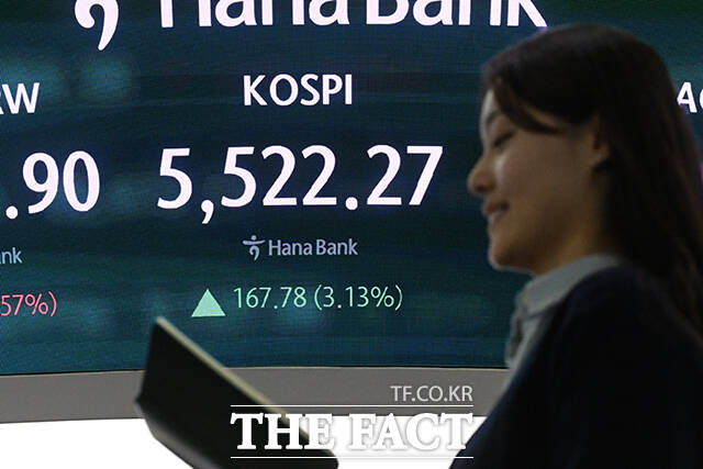 코스피 지수가 사상 처음으로 종가 기준 5500선을 넘어선 12일 오후 서울 중구 하나은행 본점 딜링룸 전광판에 지수가 표시되고 있다. /서예원 기자