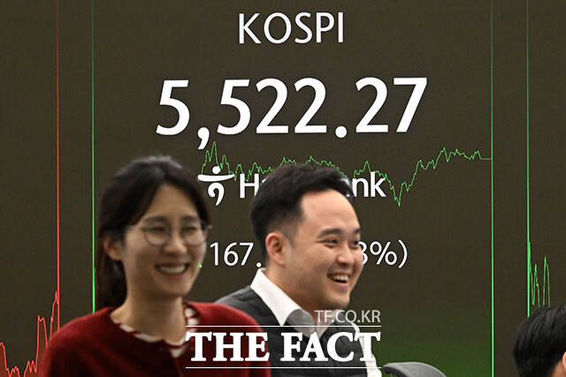 코스피 지수가 사상 처음으로 종가 기준 5500선을 넘어선 12일 오후 서울 중구 하나은행 본점 딜링룸 전광판에 지수가 표시되고 있다. /서예원 기자