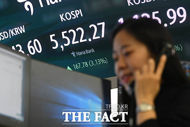 코스피 지수가 사상 처음으로 종가 기준 5500선을 넘어선 12일 오후 서울 중구 하나은행 본점 딜링룸 전광판에 지수가 표시되고 있다. /서예원 기자