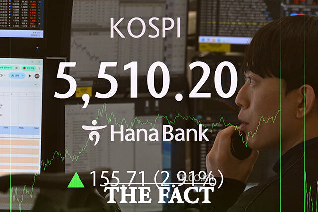 코스피가 5500선을 넘긴 12일 오후 서울 중구 하나은행 본점 딜링룸 전광판에 지수가 표시되고 있다. /서예원 기자