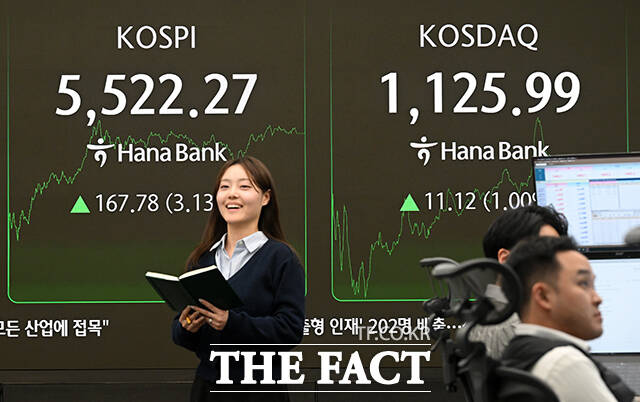 코스피 지수가 사상 처음으로 종가 기준 5500선을 넘어선 12일 오후 서울 중구 하나은행 본점 딜링룸 전광판에 지수가 표시되고 있다. /서예원 기자
