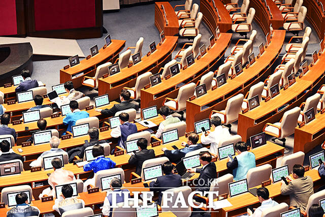 여당 주도 사법개혁법안 처리에 반발하며 본회의 불참한 국민의힘 의원들.