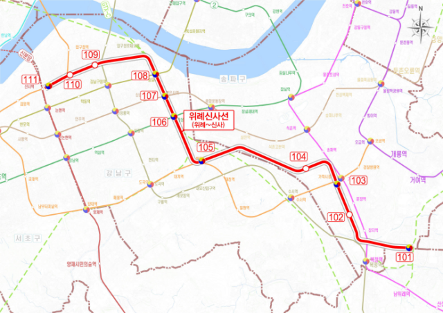 서울시는 제2차 서울시 도시철도망 구축계획 변경안이 13일 국토교통부 승인을 받아 최종 고시됐다고 밝혔다. 사진은 위례신사선 도시철도 노선도 /서울시