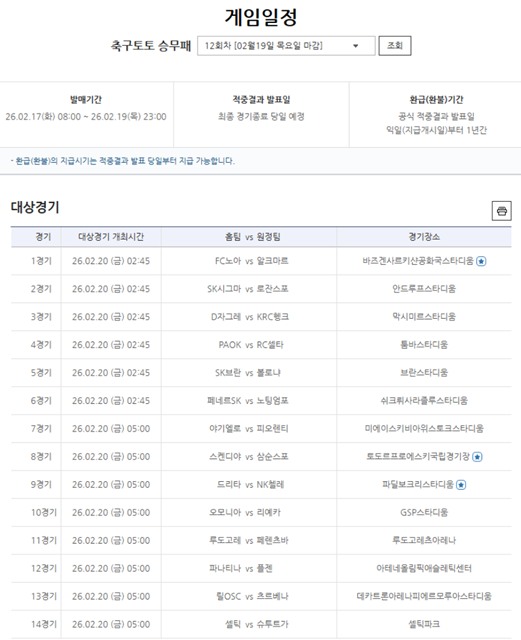 축구토토 승무패 12회차 대상 게임 정보.