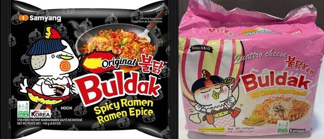 삼양식품이 해외에서 불닭볶음면 짝퉁, 미투 제품이 기승을 부리는 것에 대응하기 위해 Buldak(불닭) 브랜드의 국내 상표권 등록을 추진하고 있다. 사진 오른쪽은 삼양식품 짝퉁 제품으로, 왼쪽인 진품과 구별이 어렵다. /삼양식품
