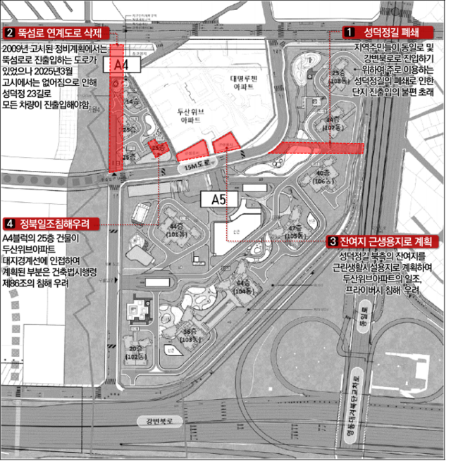 성동구 두산위브아파트 및 대명루첸아파트 소유자 관리단의 관리인과 소유자 대표 등은 지난 5일 서울행정법원에 서울시장을 상대로 서울행정법원에 변경고시 무효확인의 소를 제기했다. /두산위브 및 대명루첸아파트 비상대책위원회