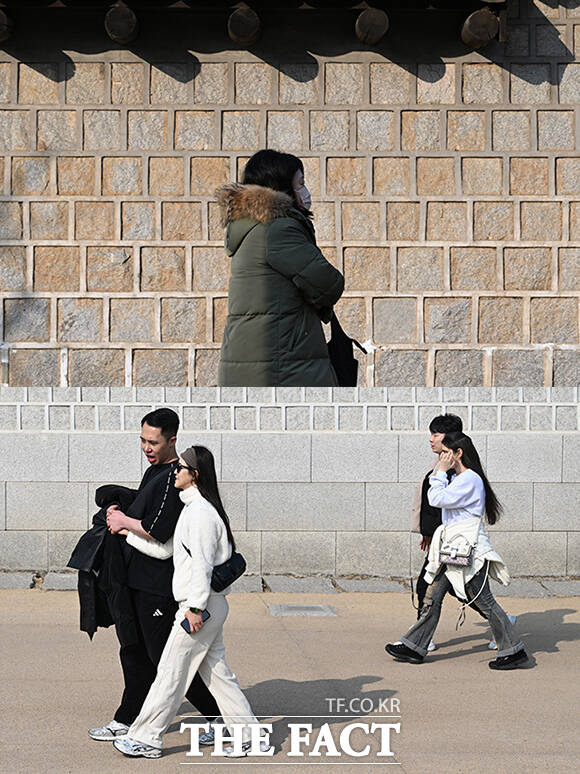 오전 추위에 몸을 움츠린 채 길을 걷는 시민(위)과 오후 한층 포근해진 날씨에 겉옷을 손에 들고 걷는 관광객들.