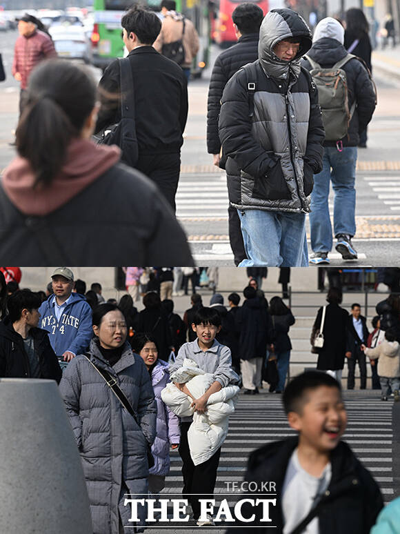20일 오전 광화문사거리에서 몸을 움츠린 채 길을 건너는 시민(위)과 같은 날 오후 겉옷을 손에 든 채 길을 건너는 아이의 모습이 대비돼 보이고 있다.