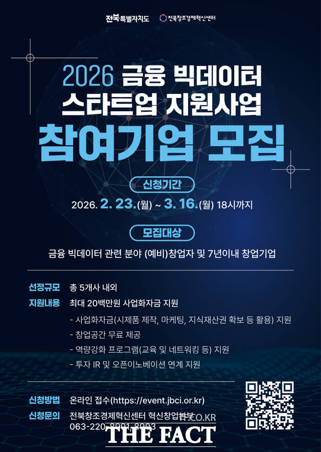 2026 금융 빅데이터 스타트업 지원사업 참여기업 모집 포스터. /전북창조경제혁신센터
