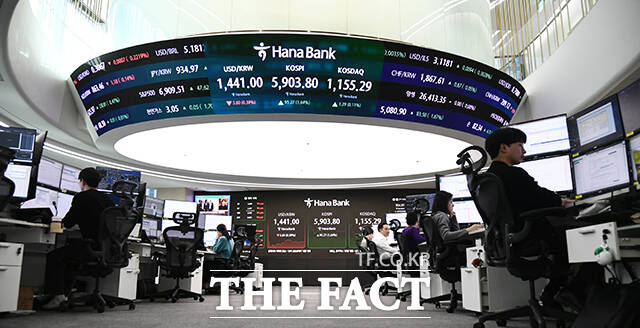 코스피가 사상 처음 5900선을 돌파한 23일 오전 서울 중구 하나은행 딜링룸 전광판의 코스피가 5907.32를 기록하고 있다. /박상민 인턴기자