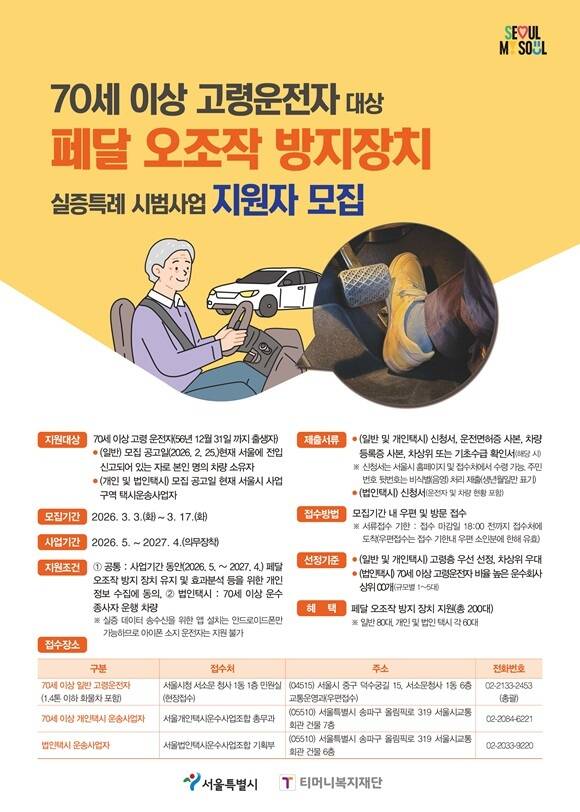 서울시가 70세 이상 고령운전자 등을 대상으로 '페달오조작 방지장치 실증특례 시범사업'을 추진한다고 24일 밝혔다.
