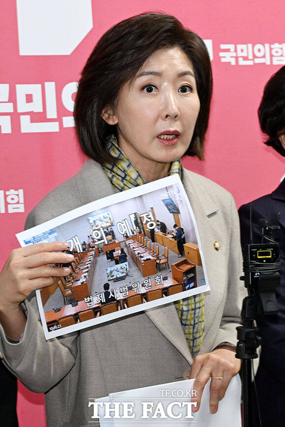 법사위 전체회의 지연 항의하는 나경원 의원.