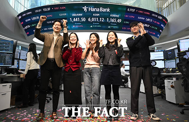 코스피 지수가 사상 처음으로 6000선을 넘어선 25일 오전 서울 중구 하나은행 본점 딜링룸 전광판에 지수가 표시되고 있다. /박헌우 기자