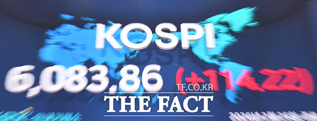 한국거래소 홍보관의 '코스피 5000' 문구가 '코스피 6000' 문구와 겹쳐 보이고 있다.