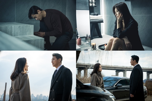 ENA 새 월화드라마 '클라이맥스' 제작진이 부부로 분하는 배우 주지훈(위 왼쪽)과 하지원의 스틸을 공개했다. /KT스튜디오지니