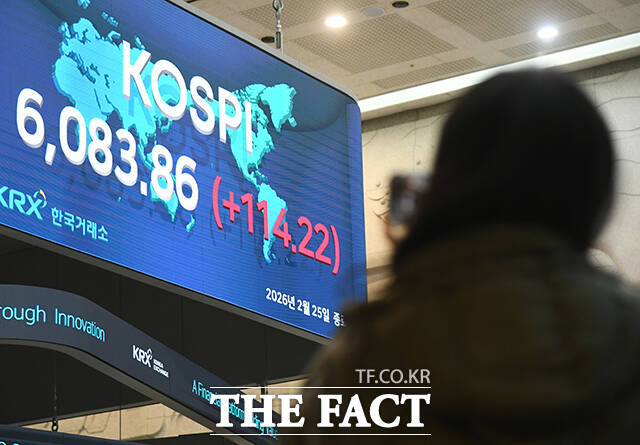 한국거래소 홍보관의 '코스피 5000' 문구가 '코스피 6000' 문구와 겹쳐 보이고 있다.