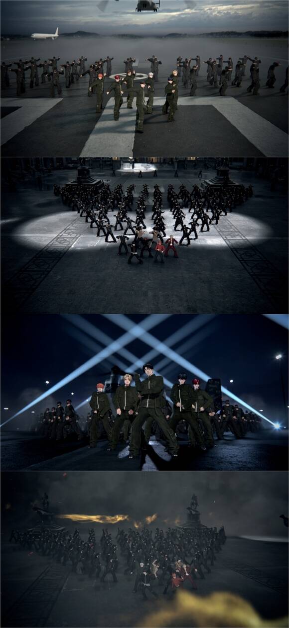 스킨즈는 지난달 4일 첫 번째 미니 앨범의 선공개곡 'WHY U MAD'를 발표했다. 사진은 뮤직비디오 속 메가 크루 군무 신. /브릿지엔터