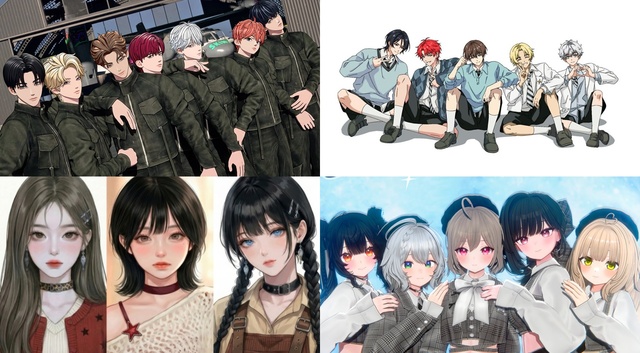 지난해부터 올해 2월까지 데뷔한 버추얼 보이그룹 스킨즈와 미라클, 걸그룹 하데스와 수소진(왼쪽 위부터 시계 방향) /브릿지엔터, 어코드엔터, SOOP, 브라더후드