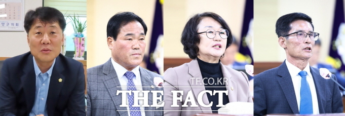 김기준 청양군의장을 비롯한 임상기, 차미숙, 이경운 의원(왼쪽부터)이 26일대전·충남 행정통합 특별법의 국회 법제사법위원회 처리가 무산된 것과 관련해 국민의힘을 규탄하는 성명서를 발표했다. /김형중 기자