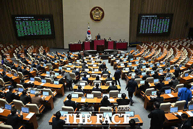 '법원의 재판'도 헌법소원을 제기할 수 있도록 하는 내용의 헌법재판소법 개정안이 27일 더불어민주당 주도로 국회 본회의를 통과했다. 사진은 지난 26일 오후 서울 여의도 국회에서 열린 제432회 국회(임시회) 제8차 본회의에서 형법일부개정법률안(수정안)이 가결되고 있는 모습. /남용희 기자