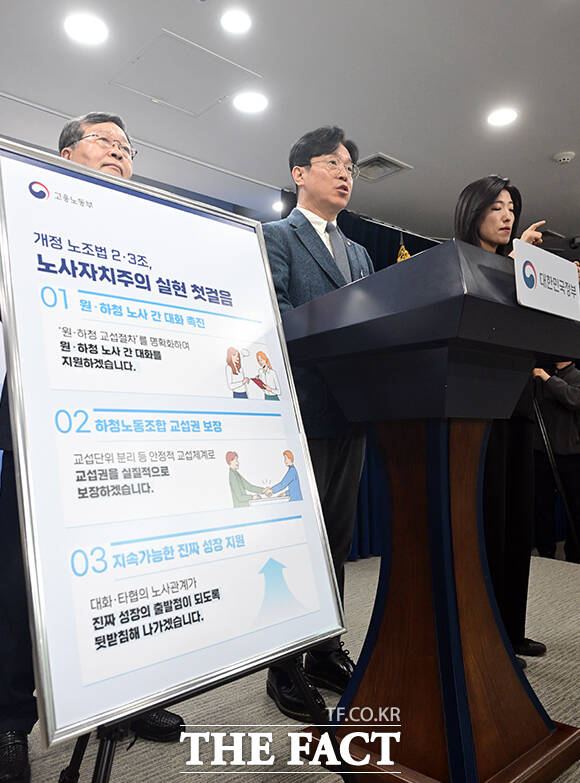 김영훈 고용노동부 장관(가운데)이 27일 오전 서울 종로구 정부서울청사에서 노조법 2·3조 현장 안착을 위한 브리핑을 하고 있다. /임영무 기자