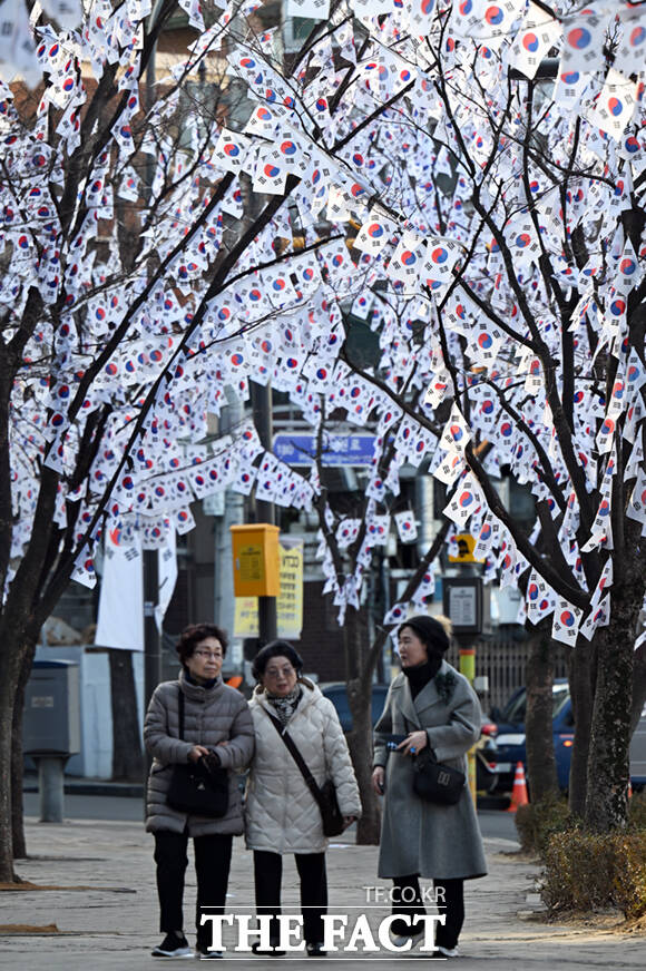 107주년 3.1절을 이틀 앞둔 27일 서울 용산구 효창공원 앞에 태극기 거리가 조성돼 있다. /이새롬 기자