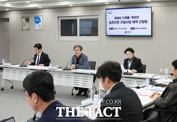 지난달 27일 개최된 '345kV 신계룡~북천안 송전선로 건설사업 대책 간담회'에서 정용래 유성구청장이 발언하고 있다. /대전시 유성구