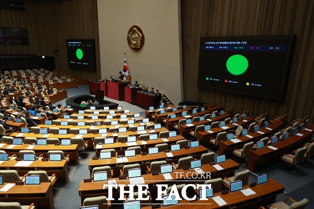1일 서울 여의도 국회에서 열린 제432회국회(임시회) 제8차 본회의에서 국민투표법 전부개정법률안이 재석 176명, 찬성 176명으로 가결되고 있다. 국민의힘 의원들은 불참했다. /뉴시스