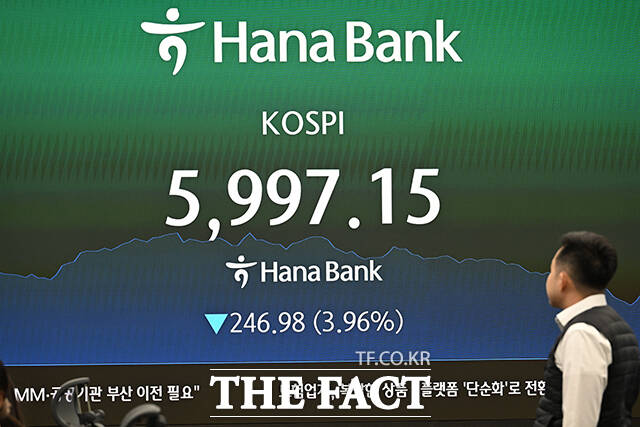 미국·이스라엘의 이란 공습에 따른 중동 정세가 악화되고 있는 가운데 3일 오전 서울 중구 하나은행 본점 딜링룸 전광판에 지수가 표시되고 있다. /박헌우 기자