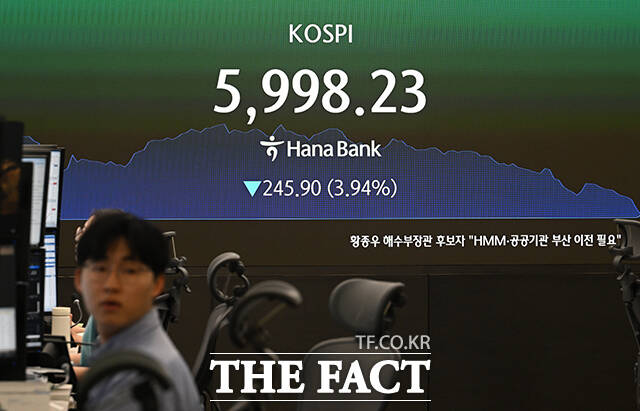 미국·이스라엘의 이란 공습에 따른 중동 정세가 악화되고 있는 가운데 3일 오전 서울 중구 하나은행 본점 딜링룸 전광판에 지수가 표시되고 있다. /박헌우 기자