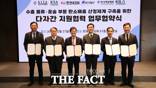 한국무역협회 등 6개 기관 대표들이 업무협약 이행을 다짐하고 있다./한전KDN