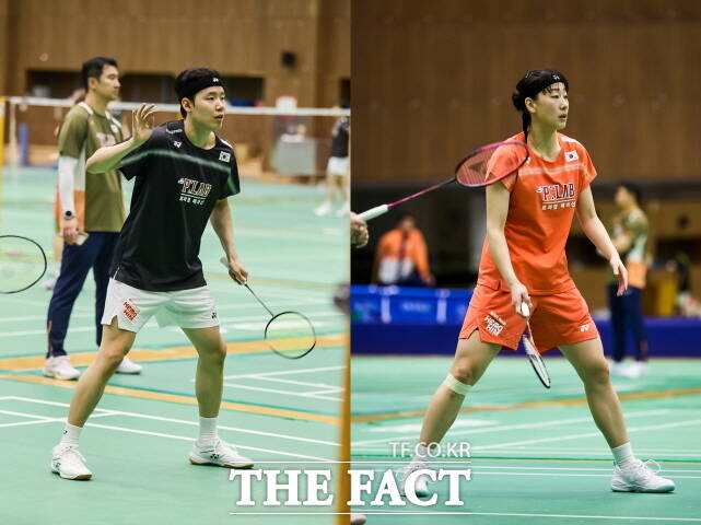 애터미 헤모힘 로고가 부착된 유니폼을 입고 훈련 중인 서승제(왼쪽) 선수와 이소희 선수. /애터미