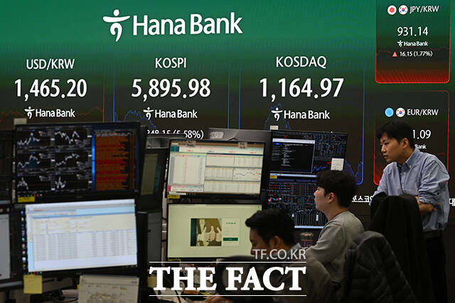미국·이스라엘의 이란 공습 여파로 중동 정세가 악화되고 있는 가운데 3일 오후 서울 중구 하나은행 본점 딜링룸 전광판에 지수가 표시되고 있다. /서예원 기자