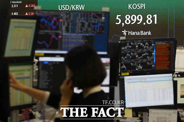 미국·이스라엘의 이란 공습 여파로 중동 정세가 악화되고 있는 가운데 3일 오후 서울 중구 하나은행 본점 딜링룸 전광판에 지수가 표시되고 있다. /서예원 기자