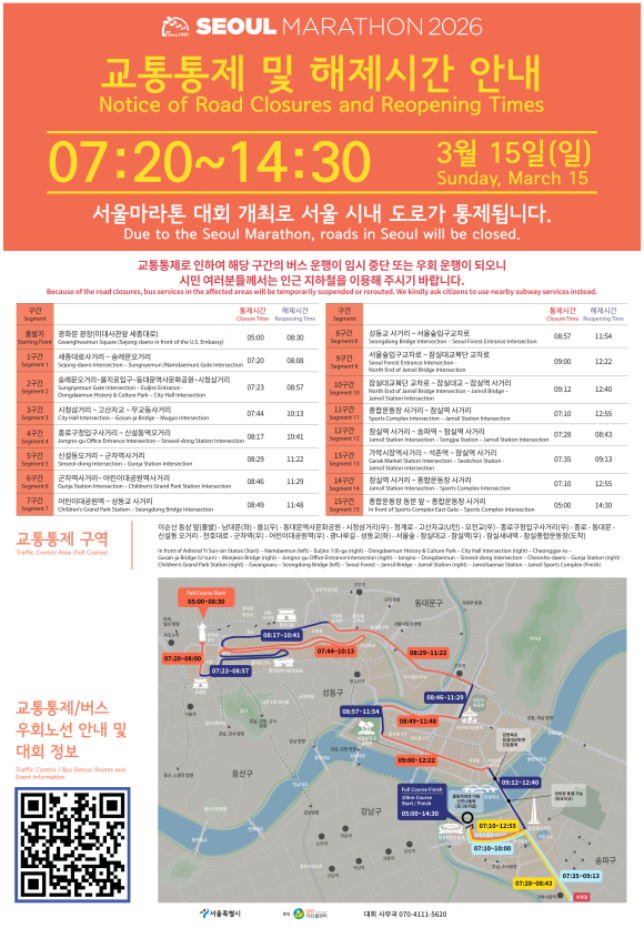 오는 15일 광화문광장에서 출발하는 서울마라톤이 세계 정상급 선수와 시민 등 4만여 명이 참가한 가운데 열리며, 서울시는 교통 통제 조정 등으로 시민 불편 최소화에 나선다. 서울마라톤 포스터. /서울시