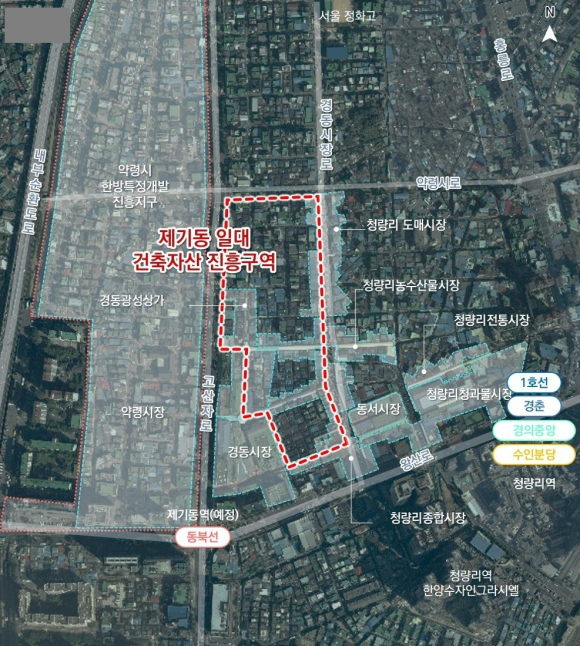 서울시는 제기동 한옥마을을 건축자산 진흥구역으로 지정하고 규제 완화와 공공투자를 통해 전통시장과 연계한 ‘경동한옥마을’로 조성한다. 제기동 일대 건축자산 진흥구역 위치도. /서울시