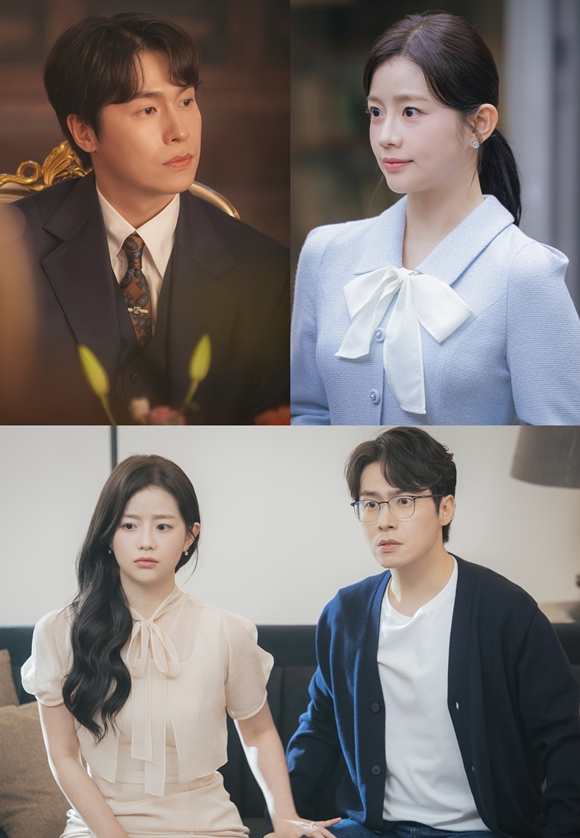 MBC 새 금토드라마 '21세기 대군부인'에서 호흡을 맞추는 배우 이재원(위 왼쪽)과 채서안의 스틸이 공개됐다. /MBC