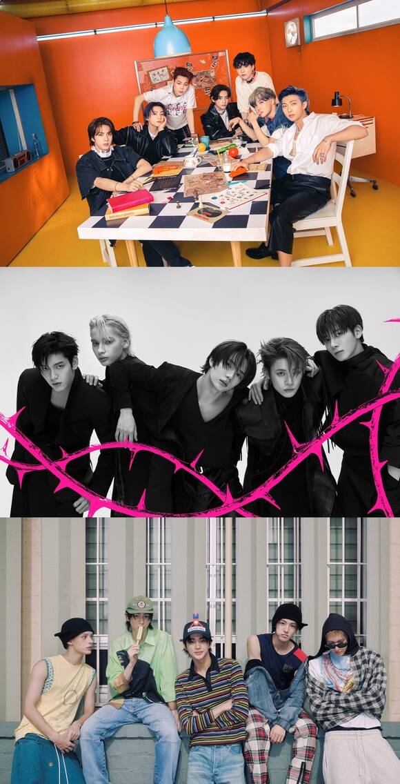 빅히트 뮤직 소속 아티스트인 방탄소년단, 투모로우바이투게더, 코르티스(위부터)가 3월과 4월 차례로 출격한다. 역대 최강 라인업이다. /빅히트 뮤직