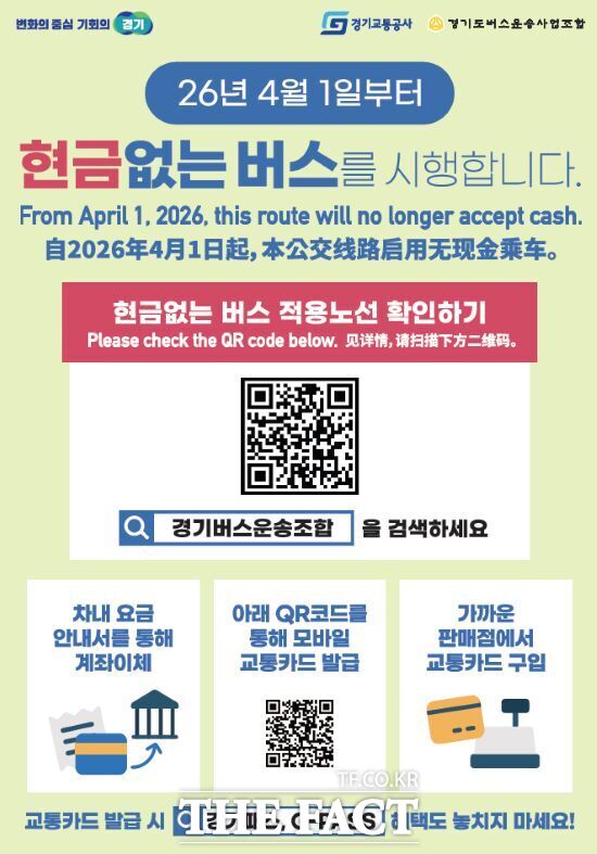 경기도가 오는 4월 1일부터 경기 성남시와 용인시 등 80개 노선으로 확대 운영하기로 결정한 현금 없는 버스의 안내문. /경기도