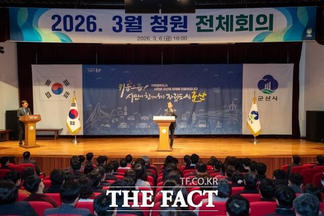 6일 오후 군산시청 대강당에서 열린 청원 전체회의에서 김영민 군산시장 권한대행이 공직선거법 준수와 민생 현안 사업의 차질 없는 추진 등을 강조하고 있다. /군산시