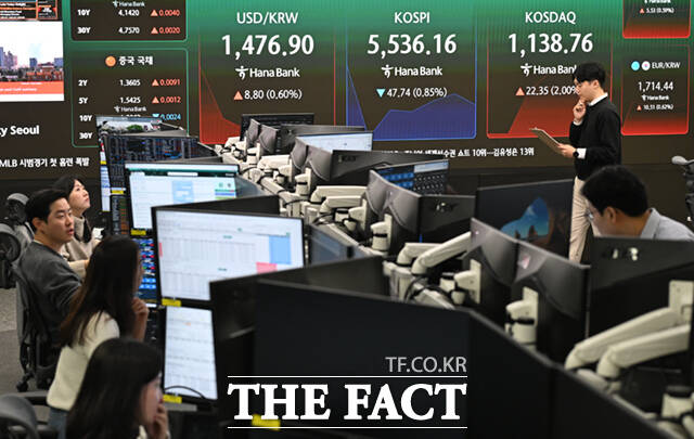 6일 오전 서울 중구 하나은행 본점 딜링룸 전광판에 지수가 표시되고 있다. /이새롬 기자
