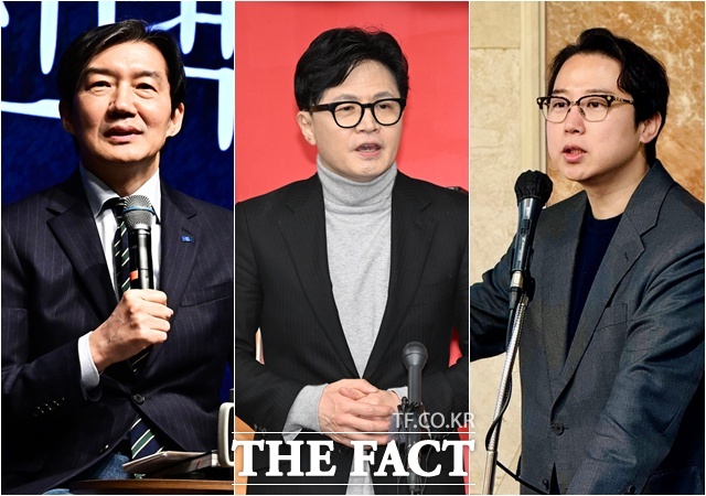 재보선 선거가 치러질 것이 유력한 부산 북구갑에 정치인들의 격돌 가능성이 제기된다. 사진은 왼쪽부터 조국 조국혁신당 대표, 한동훈 전 국민의힘 대표, 장예찬 여의도연구원 부원장. /배정한·박헌우 기자·장 부원장 SNS 갈무리