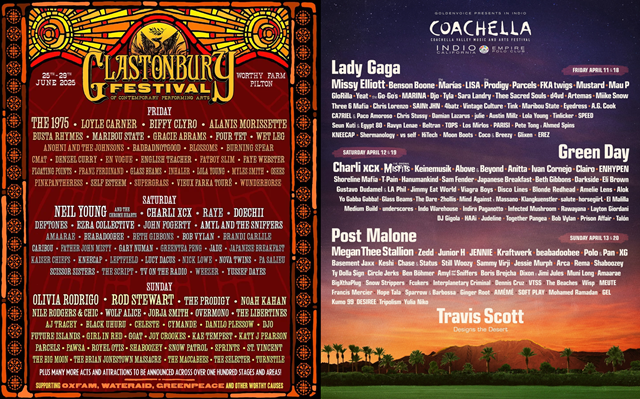 2025년 글래스톤베리 페스티벌은 닐 영, 펄프, 로드 스튜어트 등이 헤드라이너급 아티스트로 출연했다. 같은 해 코첼라 페스티벌에도 그린데이와 미스피츠가 헤드라이너와 서브 헤드라이너를 맡았다./글라스톤베리 페스티벌 주식회사, 안슈츠 엔터테인먼트 그룹