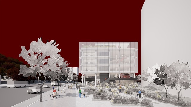 서울시는 양천구 신정동 일대 서부트럭터미널 도시첨단물류단지 개발사업 부지 내 기부채납시설을 복합 공공업무시설로 조성하기 위한 설계공모 당선작이 선정됐다고 10일 밝혔다. 사진은 당선작 '플로팅 큐브' 전면 투시도 모습. /서울시