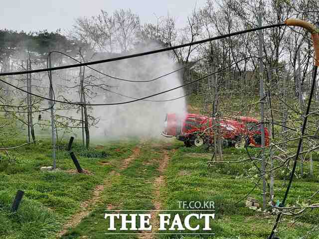 당진시, 개화 전 과수화상병 예방 약제 살포 현장. /당진시