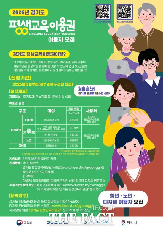 평택시, 2026년 경기도 평생교육 이용권 지원 사업 신청자 모집 안내문. /평택시